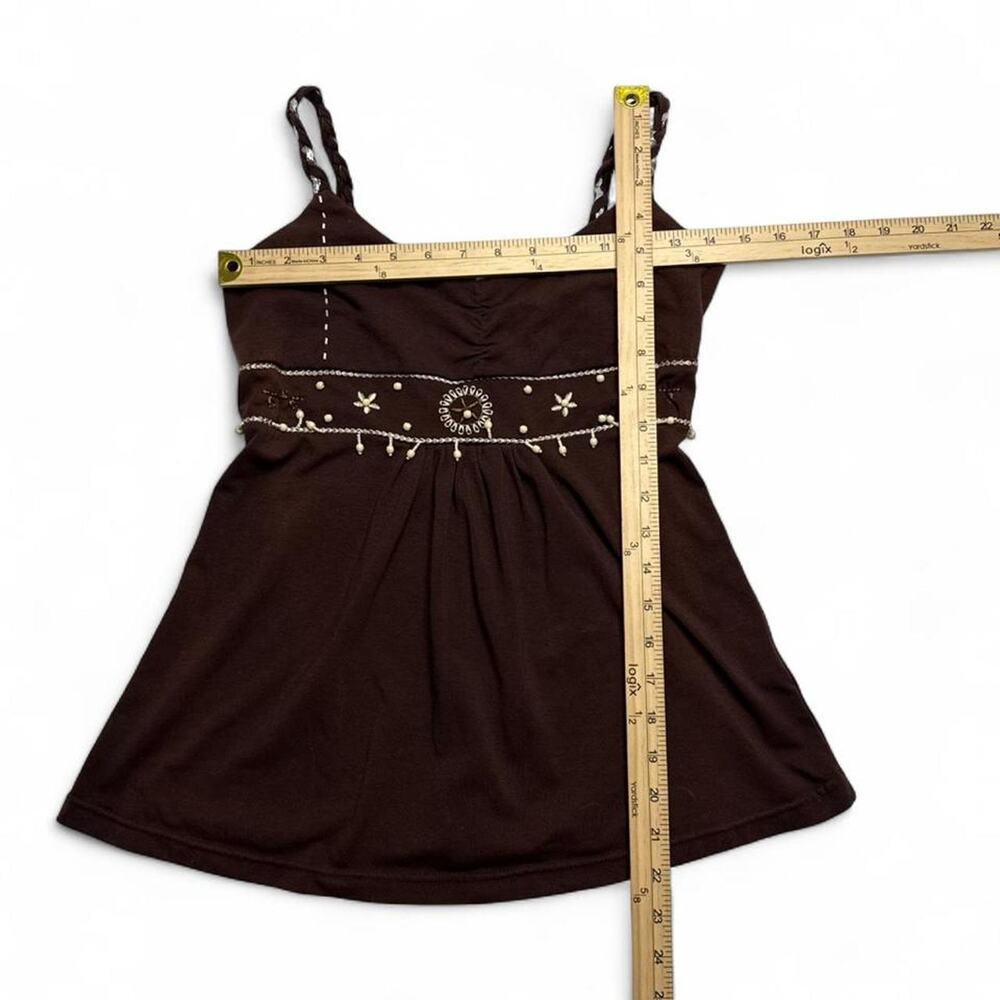Brown babydoll top with white beaded details and adjustable straps Size M 2000s - Picture 4 of 8